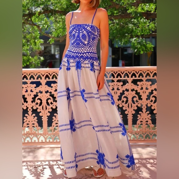 NWT Royal Blue Embroidered Maxi Cami Dress – Boho Crochet Illusion Bodice S-2XL - Picture 1 of 9